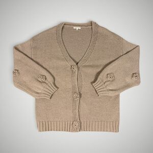 Baevely Taupe Knit Cardigan Crochet Flower Button Detail Sweater Plus Size 3XL